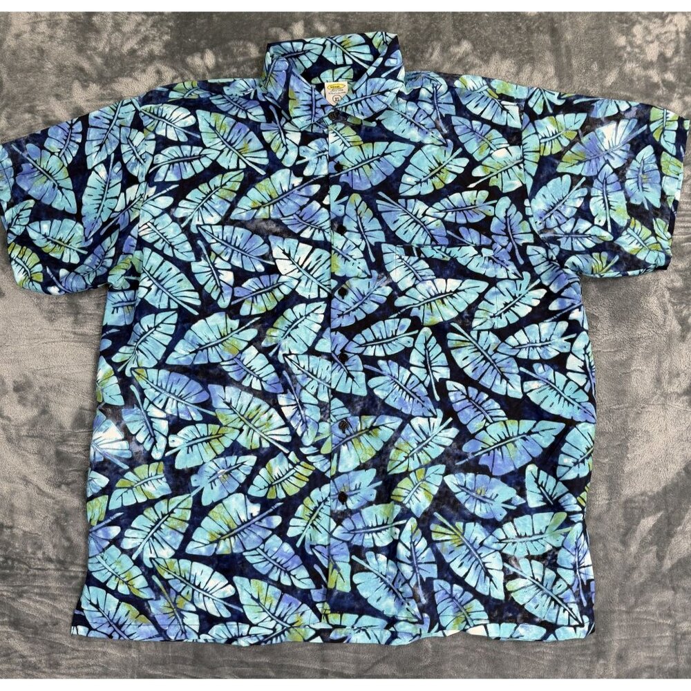 Hawaiian Button-Up Shirt Rima Beachworld XL Tropical Leaf Print  Blue Green
